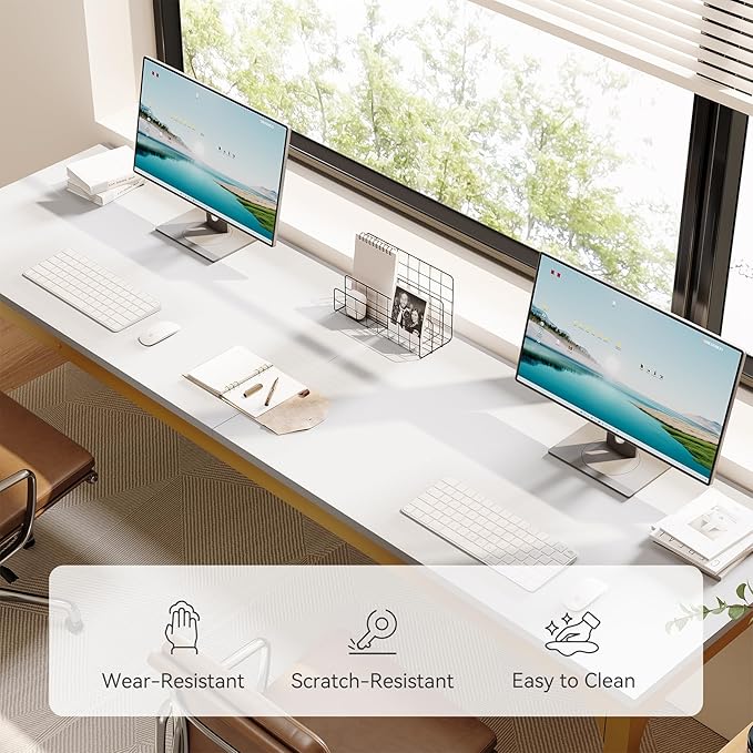 LITTLE TREE 78.7-Inch Ultra Long Two-Person Desk Writing Gaming Work Computer Double Desk for Home Office White + Gold
