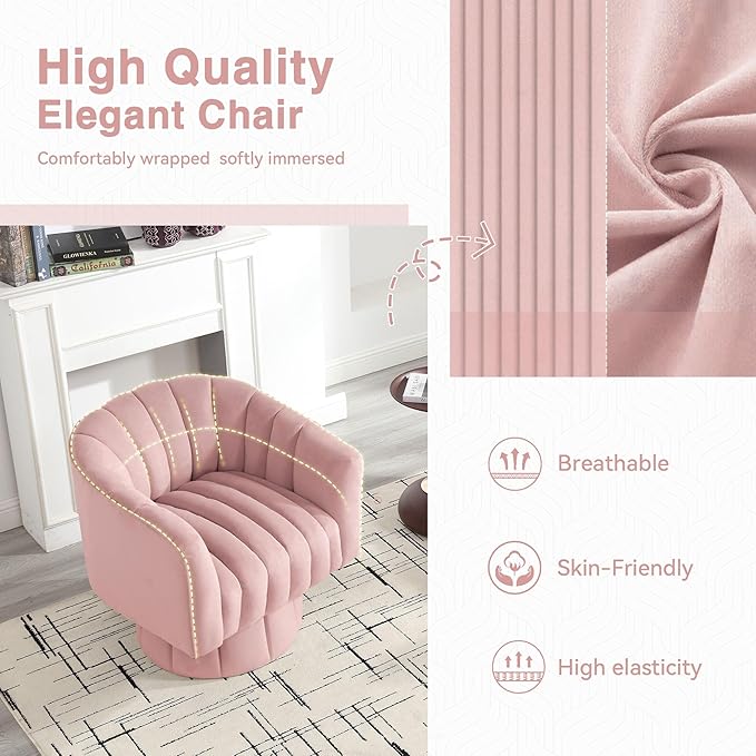 YSICK Swivel Accent Chair 360°Swivel Barrel Chair Modern Ottoman with Velvet Fabric Mid-Century Ottoman with Wide Upholstered Round Armchair for Living Room Lounge BedroomPink