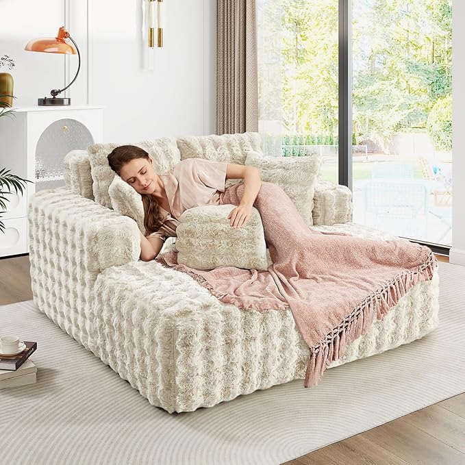 56 W Oversized Chaise Lounge Chair IndoorPlush Faux Fur Sleeper Couch Sofa Bed with PillowsFluffy Comfy Cloud SofaCompression Foam Boneless Couch for Living RoomBedroom(Bubble Beige)
