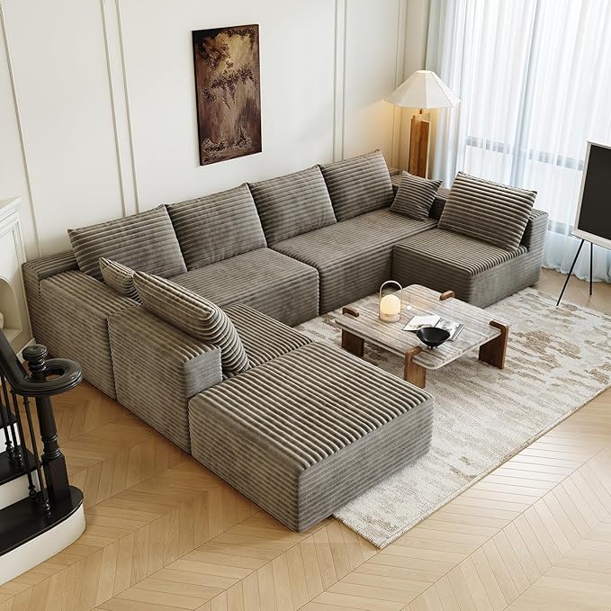139.4 Modular Sectional Sofa Oversized U-Shaped Minimalist Couches with 2 Middle Seats and 1 Ottoman Chaise Modern Deep Seat Convertible Sleeper Sofa Cloud Plush Corduroy Fabric7 Seater Camel