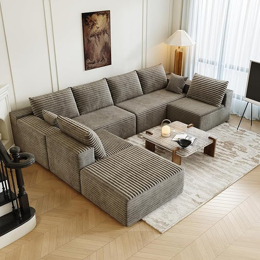 139.4 Modular Sectional Sofa Oversized U-Shaped Minimalist Couches with 2 Middle Seats and 1 Ottoman Chaise Modern Deep Seat Convertible Sleeper Sofa Cloud Plush Corduroy Fabric7 Seater Camel