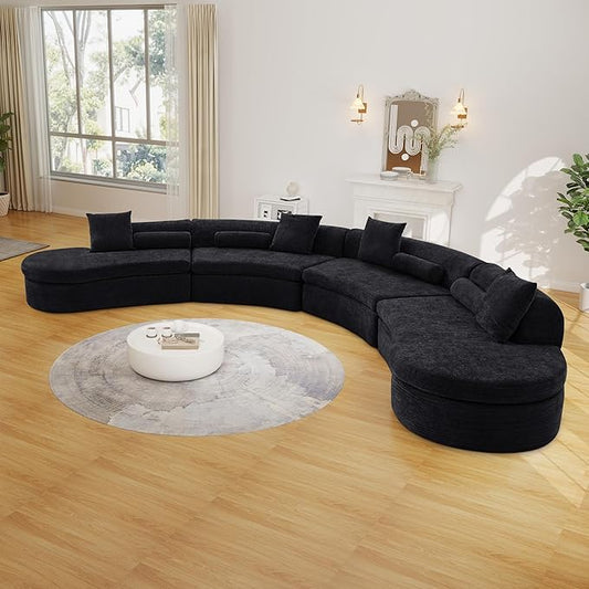 Modern 260 Curved Modular Sectional Sofa Extended 4-Seater Sofa Seats Up for 8 Chenille Foam Curved Modular Couch with Pillow for Apartment Living Room BedroomOffice (L+2M+R Black)
