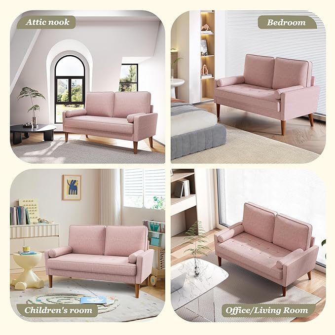 Vesgantti Loveseat Sofa with Solid Wood Legs 48 Small Couches for Small Spaces Love Seat for Living Room Bedroom Easy Assembly Mid Century Modern Couch with Throw Pillow for Apartment Pink