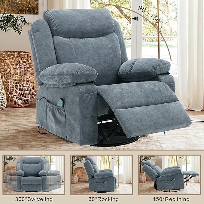 Swivel Rocker Recliner Chair Overstuffed Fabric Massage Recliner Chairs with Heat for Adults Oversized Reclining Sofa Manual Home Theater Rocking Recliner Lounge ChairsBlue