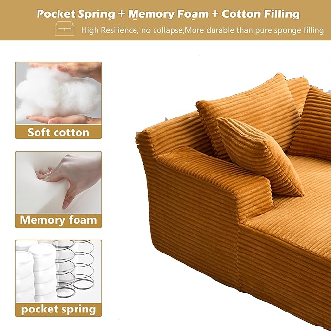 62 Chaise Lounge Chair Boneless Corduroy Sleep Sofa Bed with Three Soft Pillows Convertible Oversized Recliner Chair for Living Room Small Spaces Yellow
