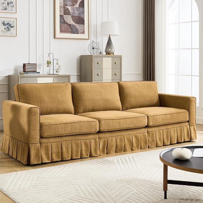 3 Seats Modular Sectional Sofa Couch 98 Modern Yellow Linen Fabric Cloud Couches with Skirts &amp Washable Cover Oversized Upholstered Accent Sofa Couch with Deep Seat &amp Pillow for Living Room
