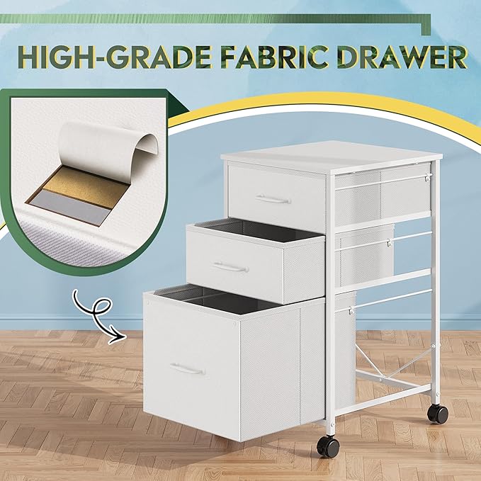 DEVAISE Mobile File Cabinet Rolling Printer Stand with 3 Drawers Fabric Vertical Filing Cabinet fits A4 or Letter Size for Home Office White