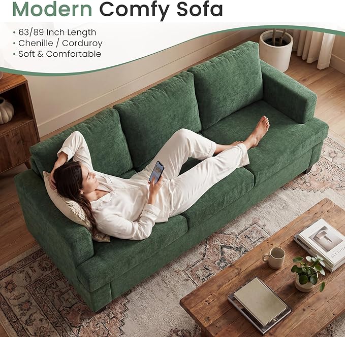 YOUDENOVA Sofa Couch 3 Piece Set Comfy Sofa 2 Loveseat &amp 3 Seater Sofa with Deep Seats for Living Room Modern Sleeper Couch Green Chenille