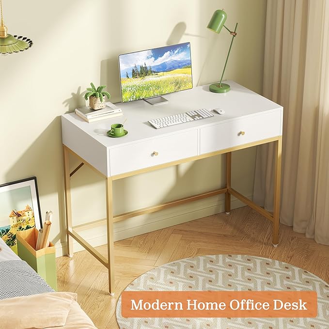 SUPERJARE 31.5 White and Gold Desk with 2 Drawers Modern Vanity Desk Small Makeup Table for Home Office Writing Study Bedroom