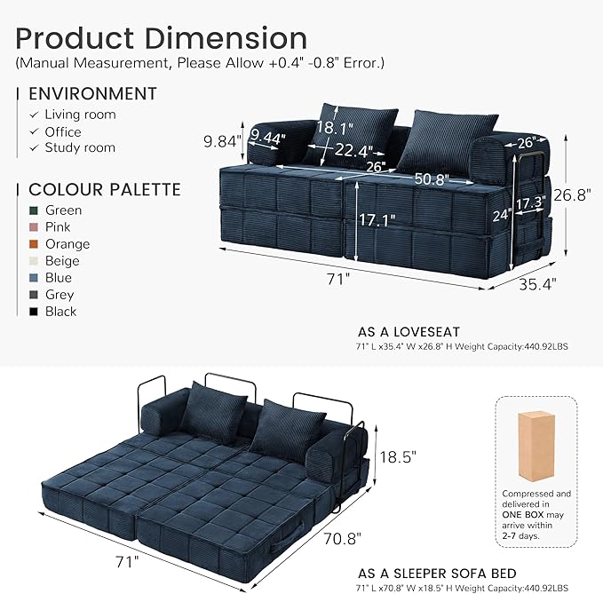 6-in-1 Convertible Sleeper Sofa Bed Corduroy Folding Mattress Couch with Fixed-Shape Frame Modular Foldable Boneless Couch Loveseat Couches with 2 Pillows for Living Room Bedroom Orange