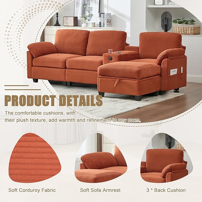 KEIKI 105 L-Shaped Oversized Corduroy Modular Sectional Sofa with 1 Ottoman and Multi Functional Console 4-Seater Upholstered Couch with USB and 2 Cup Holder Easy Assembly for Living Room Orange