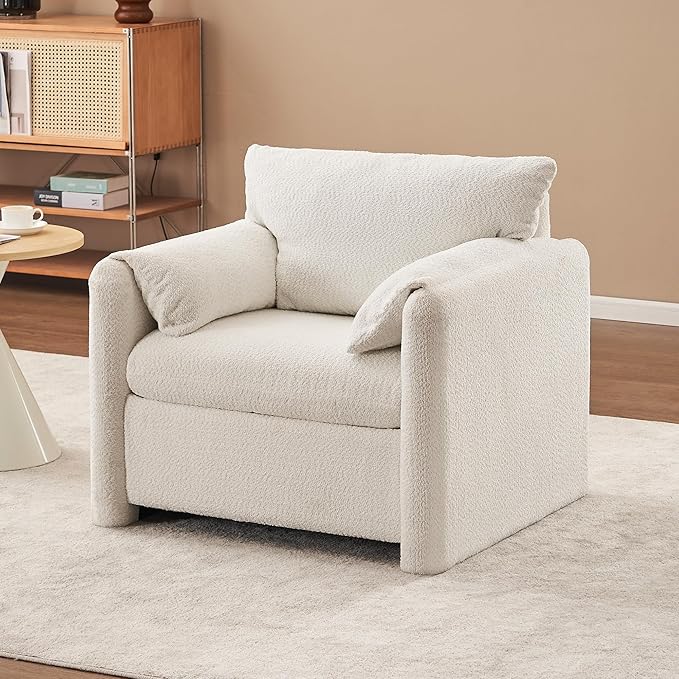 Chenille Oversized Armchair 34.8 Accent Chairs with Resilience Cushion Upholstered Reading Lounge Chair Comfy Single Sofa Chair for Living Room (White-with no Swivel)