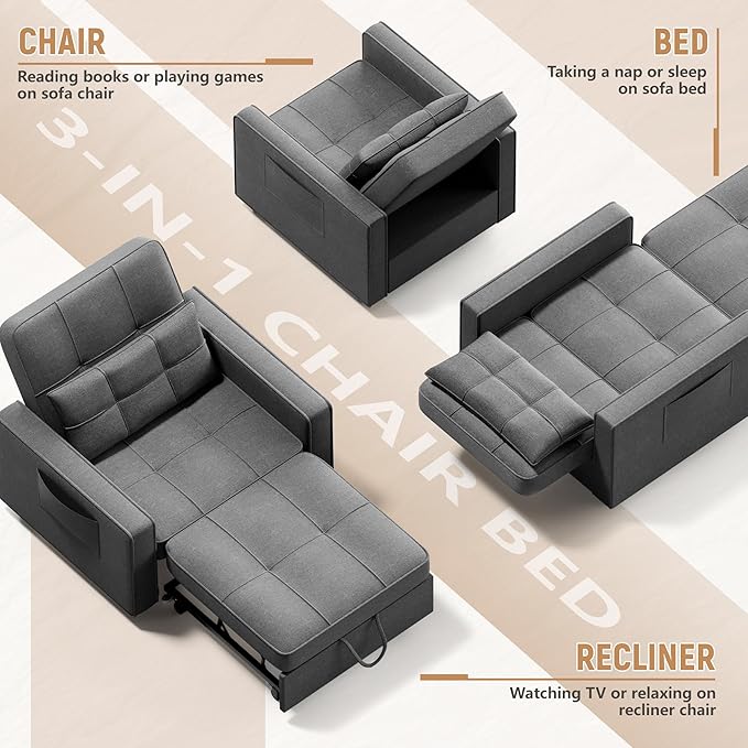 Flamaker Sofa Bed Sleeper Sofa 3-in-1 Adjustable Couch Bed with Modern Linen Fabric Convertible Sleeper Chair Couches for Living Room Apartment and Small Space (Graphite Gray)