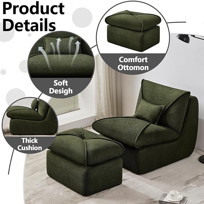29” Oversized Lazy Sofa Chair and Ottoman Set Chaise Lounge Chair Indoor with Pillows Comfy Reading Couch for Adults Suitable for Living Room Small Spaces Memory Foam Chenille (Green-1)