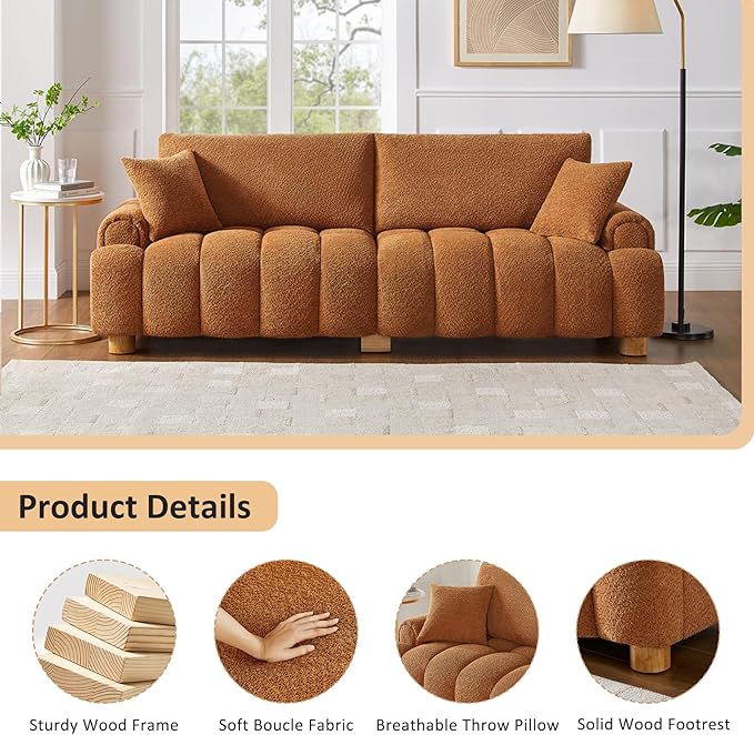 VANOMi Boucle Sofa Couch 91 Comfy Tufted Upholstered Cloud Couches Modern 3 Seater Sofa with Pillows Oversized Deep Seat Sherpa Couch for Living Room Bedroom Apartment (Curry)