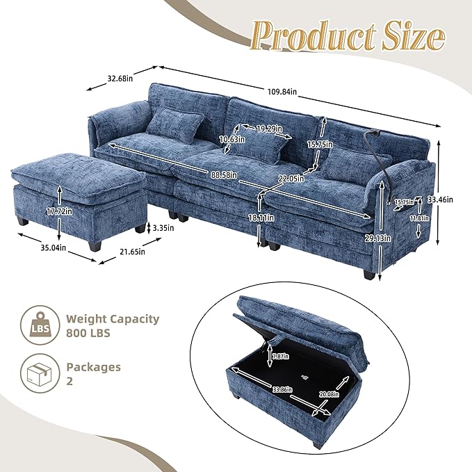 KEIKI 110 L-Shaped Boucle Modular Sectional Chenille Sofa with 1 Ottoman &amp Memory Foam Cushion &amp Phone Holder &amp USB Upholstered Modern Oversized 4-Seater Couch Easy Assembly for Living