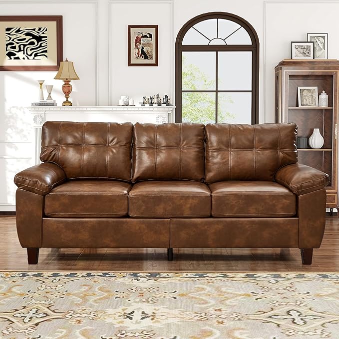 79 W Faux Leather Sofa Couch with Hidden Storage &amp Tufted Backrest Upholstered Mid Century Modern Couch Deep Seat Comfy Chesterfield Sofa for Living Room Bedroom Office(3 Seater Brown)