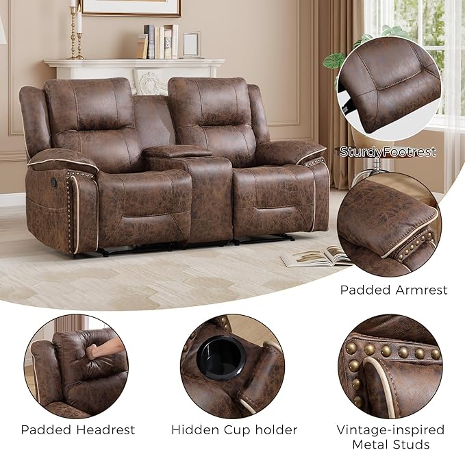 CANMOV Manual Recliner Chair Set Faux Leather Recliner Living Room Furniture Sets 2 Seater Reclining Sofa Chair with Hidden Storage and Cup Holders and Storage Pockets Brown