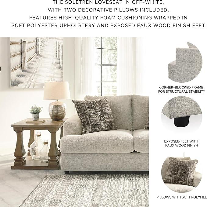 Signature Design by Ashley Soletren Contemporary Chenille Loveseat with 2 Accent Pillows Off-White
