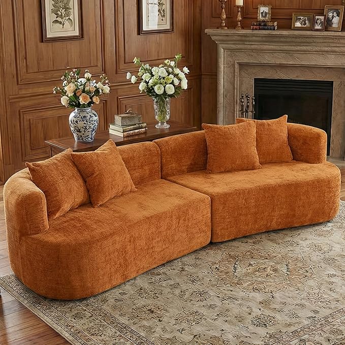 106 Modern Curved Boneless Sectional Couches for Living Room Luxury Chenille Fabric Oversized Modular Cloud Sofa with 4 Pillows Comfy Deep Seat Foam Couch in Box No Assembly (4 Seater Orange)