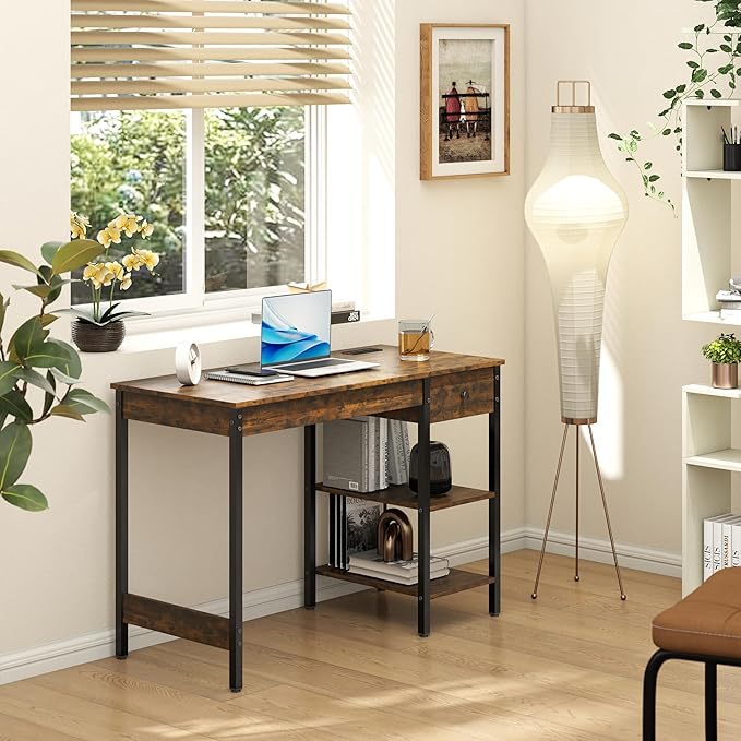 Manora 43 Inch Computer Desk with Drawers and Power Outlet Home Office Computer Tables for Laptop with Open Shelves Small Desk for Small Spaces Rustic Brown