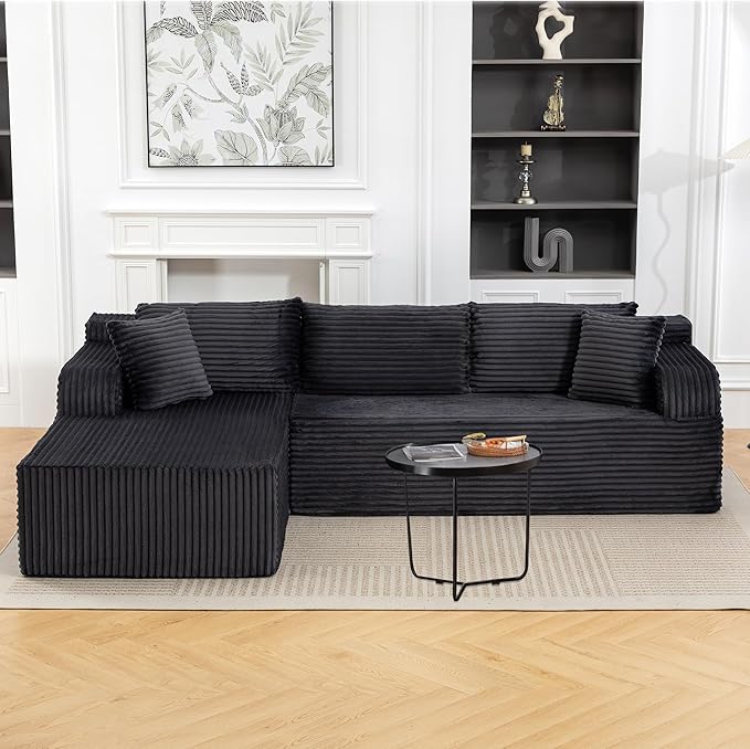 106” Cloud Modular Sectional Sofa with L-Shape Chaise and Deep Seat Corduroy Memory Foam Boneless Compressed Couch for Living Room No Assembly Required(Left Facing Chaise Dark Grey)