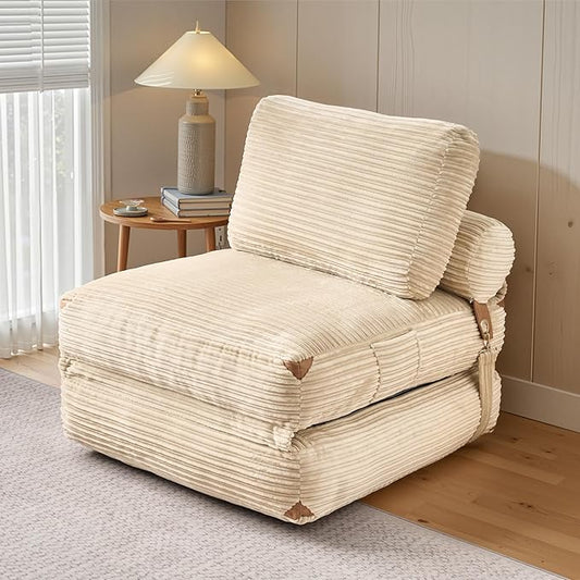 75'' Foldable Sofa Bed Convertible Sleeper Sofa with Pillow Boneless Corduroy Foldable Couch Bed Single Sleeper Chair for Small Spaces Living Room Bedroom StudioBeige