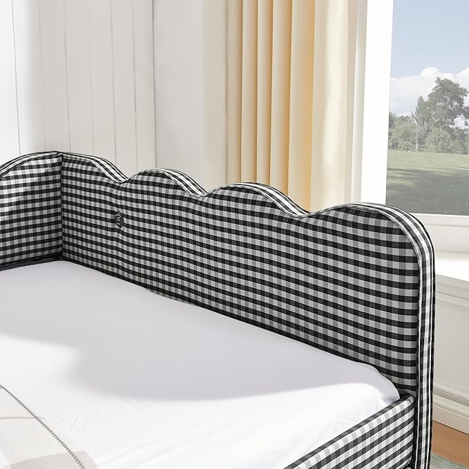 Cozy Gingham Daybed with Trundle Twin Size Sofa Bed No Box Spring Needed with USB Port and Adorable Wave Shaped Linen Fabric Navy (Full+Black)