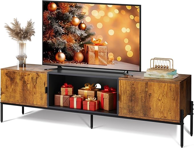 WLIVE TV Stand for 65 Inch TV Mid Century Modern Entainment Center with 2 Storage Cabinets &amp Open Shelf TV Console Table Media with Metal Legs for Living Room Bedroom Rustic Brown