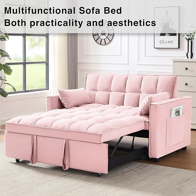 Wakefit 3 in 1 Convertible Sleeper Sofa Bed Futon Couches for Living Room with Side Pocket | Adjustable Backrest| Velvet Fabric | Pull Out Couch | Recliner Loveseat | Sectional Sofa Pink