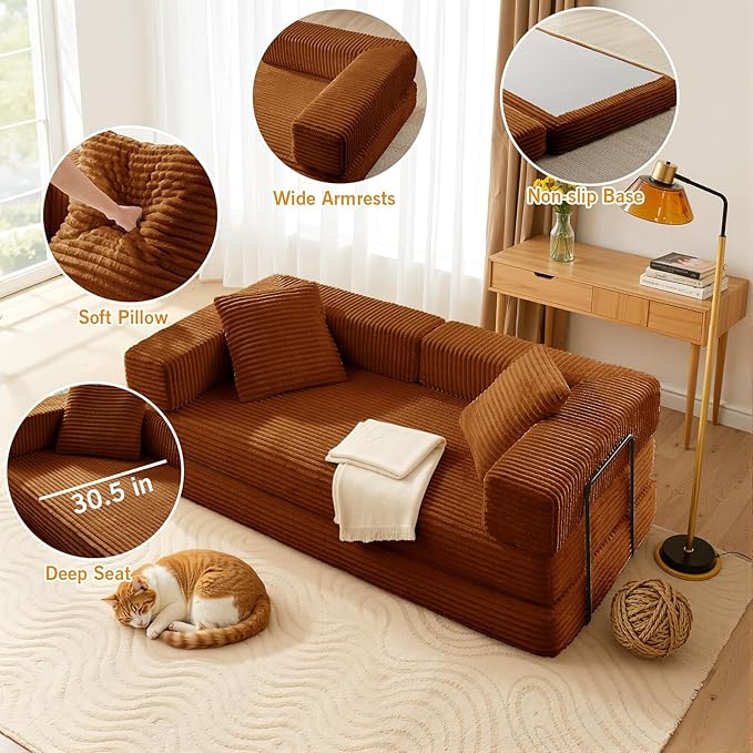 81'' Futon Sofa Bed Folding Floor Couch Bed Corduroy Fabric Boneless Couch Compressed Boneless Sofa in a Box Comfy Sleeper for Living Room-Orange