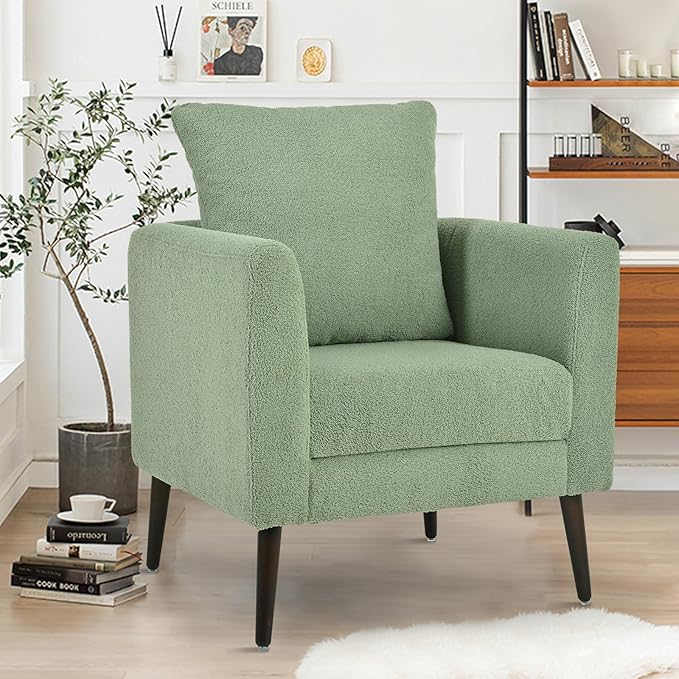 cinkehome Accent Chair for Living Room Modern Upholstered Teddy Barrel Arm Chair Large Pillow Solid Wood Legs
