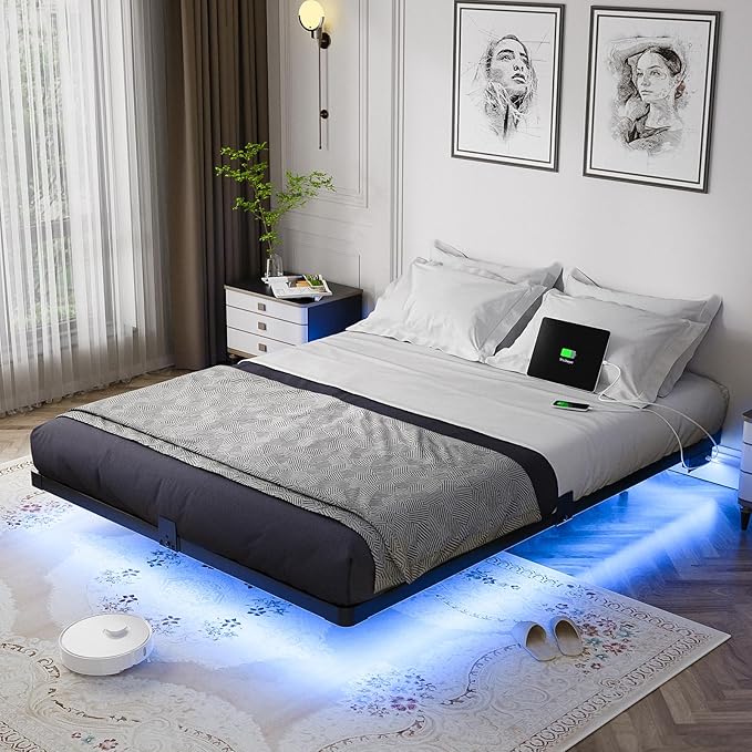 OLEVS Floating Bed Frame Queen Size with Smart LED Lights and Charging Station - Modern Metal Platform Bed Easy Assembly No Box Spring Needed
