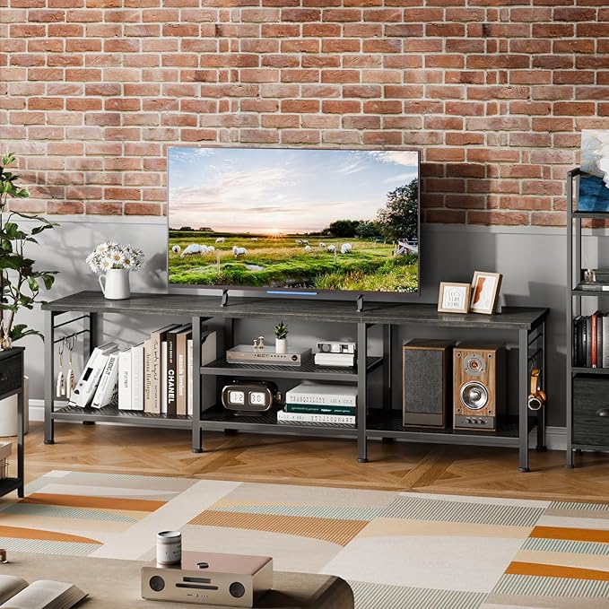Furologee TV Stand for TVs up to 70 Inch 63 Inch Entertainment Center with Open Storage Shelves Television Stands with Soundbar Shelf for Living Room Bedroom Black Oak
