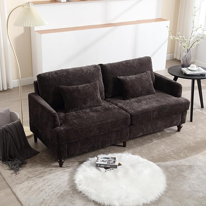 69” Modern Chenille Loveseat Sofa Couch Upholstered 2 Seat Love Seat Deep Seat Small Couch with 2 Pillows and Sturdy Wood Legs for Living Room Bedroom Apartment (Black)