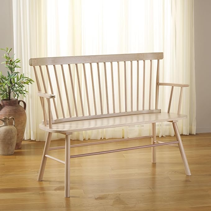 SAFAVIEH Home Collection Addison Farmhouse White Wash Solid Wood Windsor Spindle Loveseat Bench