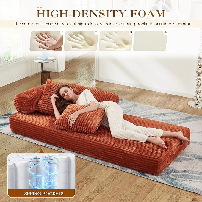 78.5W Convertible Folding Sofa Bed Corduroy Upholstered Queen Size Foam Floor Couch with Fixed-Shaped Frame Loveseat Sleeper Compression Sofa Foldable Mattress for Living Room Bedroom(Orange)