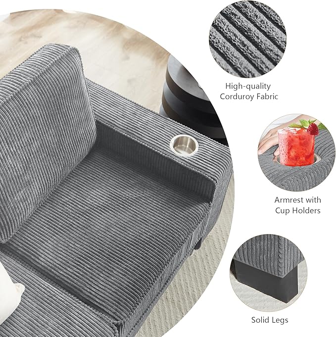 Aoowow 83.86” Modern 3-Seater Sofa Couch Upholstered Corduroy Fabric Couches Comfy Sofas with 2 Cup Holders for Living Room Apartment OfficeGrey-Corduroy