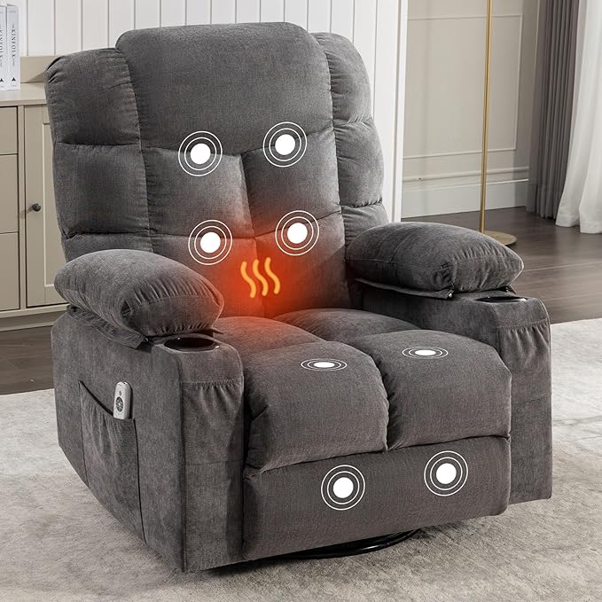 360 Swivel Massage Recliner Chair with 2 Cup Holders Heated &amp Massage Function Adjustable Backrest USB Port &amp 2 Side Pockets for Adults (Grey)