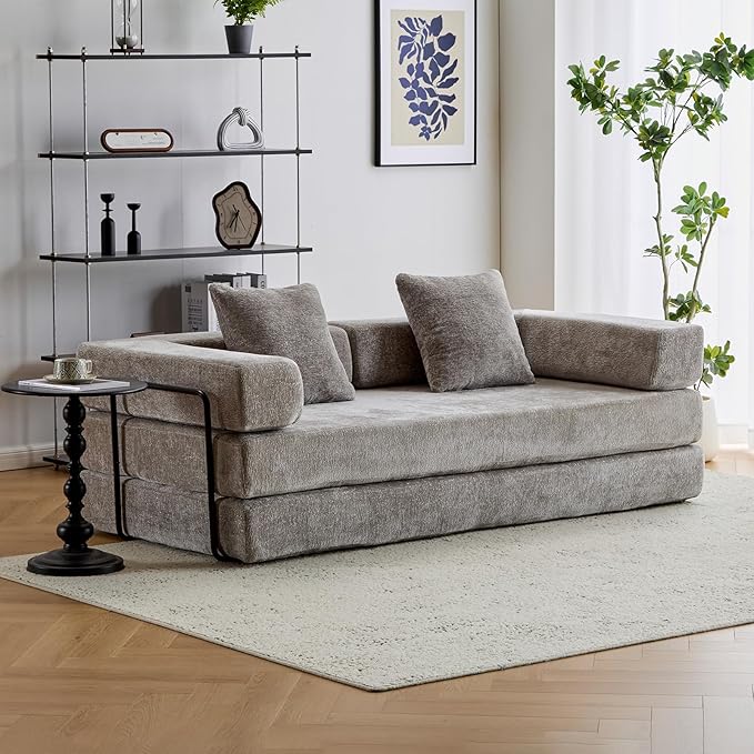 Folding Sofa Bed Modular Sectional Cloud Couch Convertible Sleeper Sofa Bed with Pillow Back Support Armrest for Living Room Bedroom Lounge No Assembly Required Chenille(Light Grey)