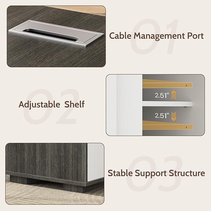 71 L-Shaped Executive Desk with Cabinet Storage Large Office Computer Desk with Storage Shelves Under-Desk Bookshelf CPU Stand Cable Management Business Furniture Workstation (Gray)