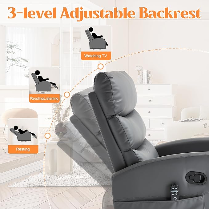 Luxlen Manual Swivel Rocker Recliner Chair with Massage Overstuffed Recliner Glider with Vibration Massage and Heat for Nursery Living Room Reclining Sofa Chair PU Leather Gray