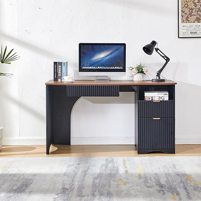 55 Computer Desk with Keyboard Tray Modern Office Desk with Power Outlets 2-in-1 Main Drawer &amp Adjustable File Drawer Fluted Design Home Office Desk (Walnut with Black)