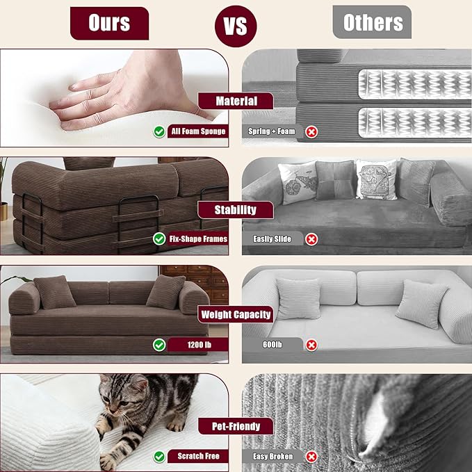 JJJ 78 inch Sofa Bed 4-in-1 Boneless Convertible Corduroy Sleeper Folding Couch with Fixed-Shape Frame and 2 Futons No Assemble Required 3 Seater Upholstered for Living Room (Brown 78 inch)