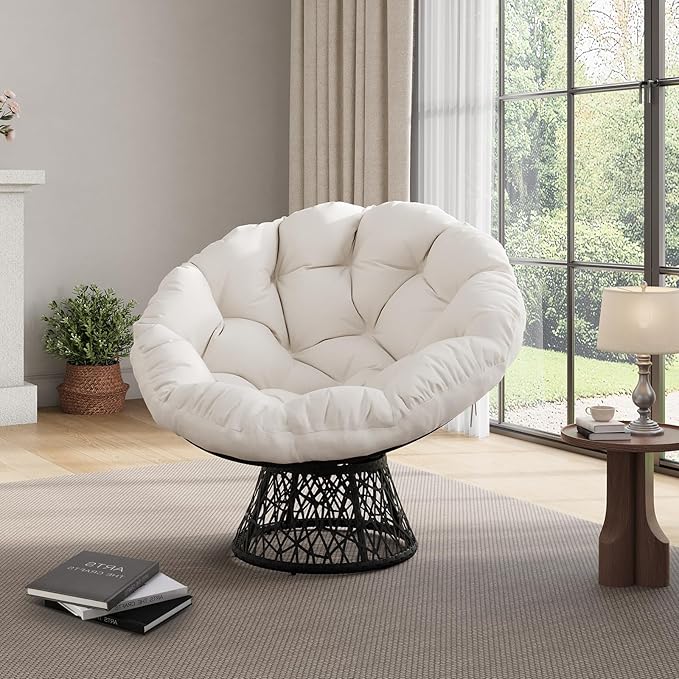Papasan Chair 37 Ergonomic Wicker Papasan Chair with Extra-Thick Soft Fabric Cushion Heavy-Duty Steel Frame 360° Swivel Base for Living Room Bedroom &amp Reading Nook – White - Black Stand