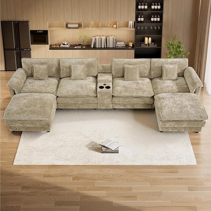 152 Oversized Modular Sectional Sofa U Shaped Cloud Couch Modern 6 Seat Sofa Set for Living Room Comfy Chenille Couch with Storage Central Console Movable Ottomans Cup Holders USB Ports Camel