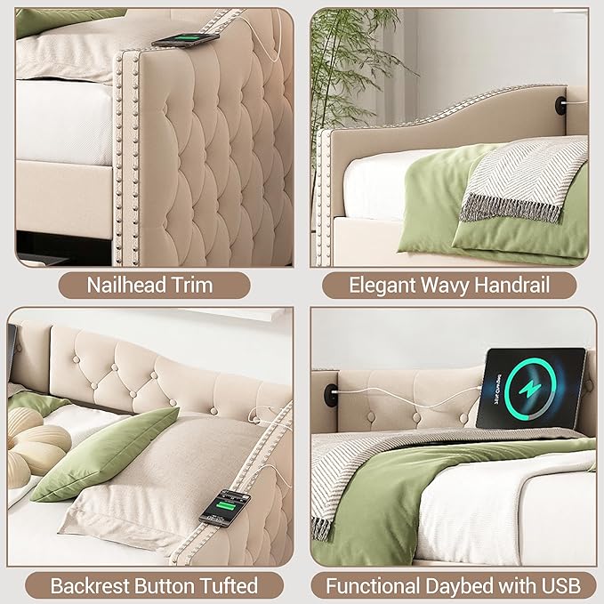 Twin Daybed with Storage Drawers Twin Size Velvet Upholstered Sofa Bed Frame w/USB Port Button Tufted Backrest and Nailhead Daybeds for Living Room Bedroom No Box Spring Needed (Beige)