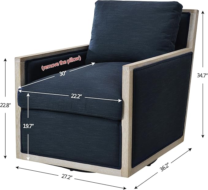 KINWELL 27 Wide Oak Wood Frame Performance Fabric Swivel Armchair No Assembly Down Fill Upholstered Swivel Barrel Chair with Removable Pillow Back for Living Room Bedroom (Indigo)