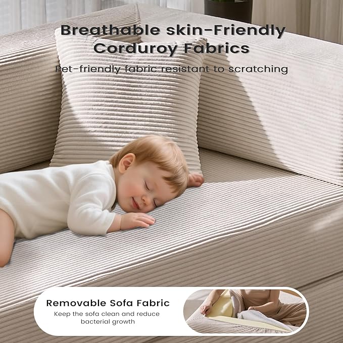 Convertible Sleeper Sofa Bed Corduroy Upholstered Modular Floor Couch Queen/King Size Foldable Futon with futon Memory Foam for Apartment Living Room Bedroom (Off White 80.15)