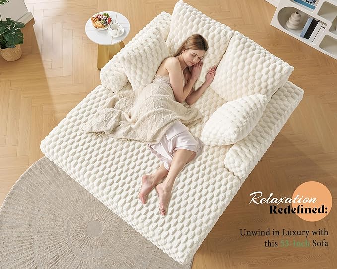 Jocisland 58 Inch Oversized Chaise Lounge Plush Sofa Bed with Throw Pillows and Armrests Upholstered Sleeper Chair- Comfy Chair Bed for Living Room White